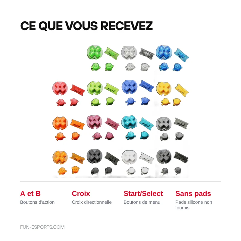Jeu de boutons Game Boy Color — A/B, croix, Start/Select, 15 coloris