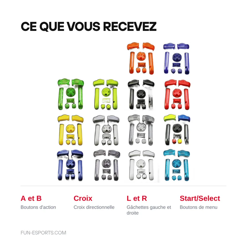 Jeu de boutons Game Boy Advance — A/B, croix, L/R, 15 coloris