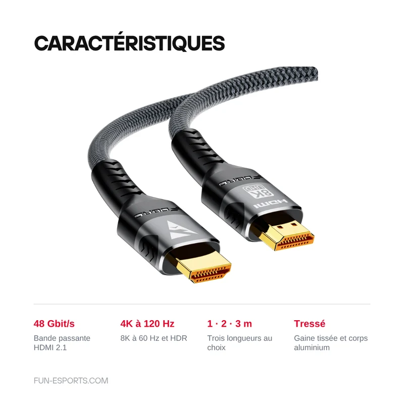 Câble HDMI 2.1 tressé 48 Gbit/s — 4K 120 Hz, 8K 60 Hz, 1 à 3 m