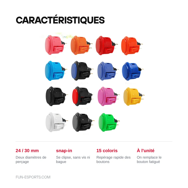 Bouton d'arcade snap-in 24 ou 30 mm — borne, stick et Raspberry Pi