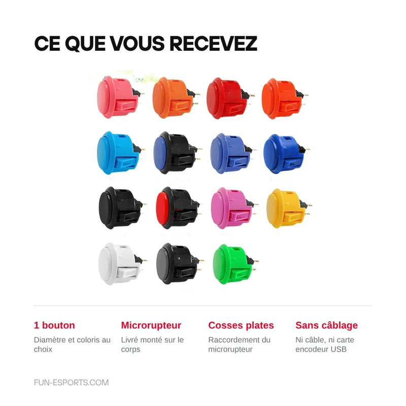 Bouton d'arcade snap-in 24 ou 30 mm — borne, stick et Raspberry Pi