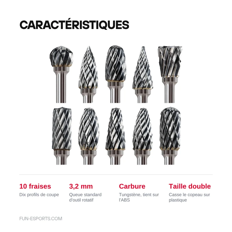 Fraises rotatives carbure 3,2 mm — set de 10 pour outil rotatif