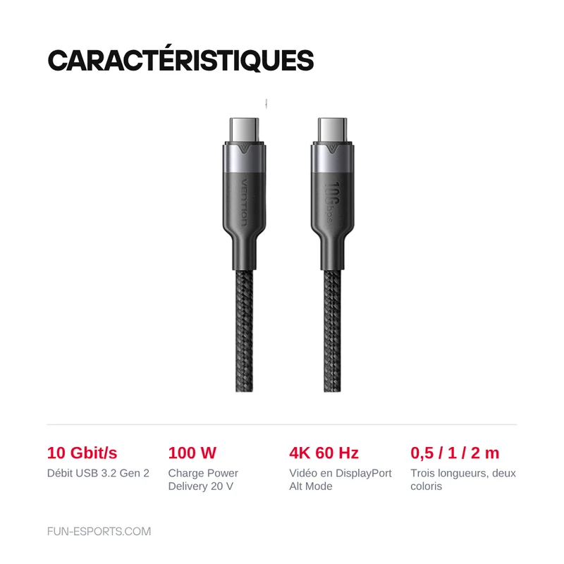 Câble USB-C vers USB-C 10 Gbit/s Vention — 100 W, 4K 60 Hz