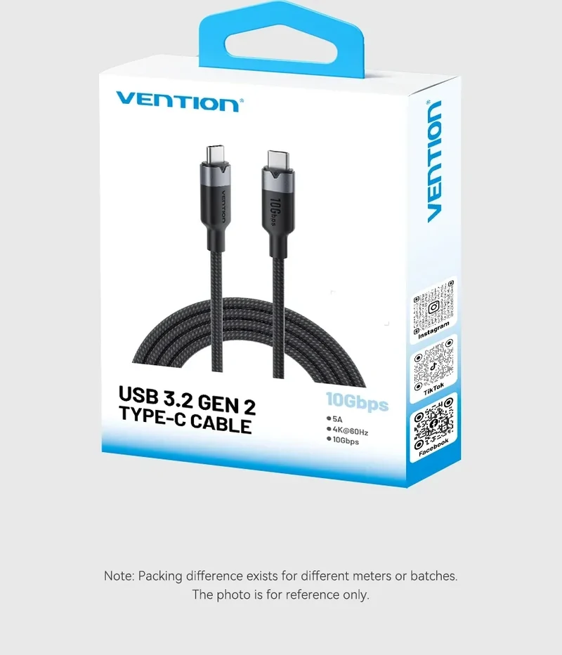 Câble USB-C vers USB-C 10 Gbit/s Vention — 100 W, 4K 60 Hz