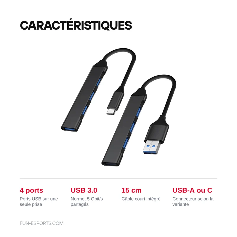 Hub USB 4 ports USB-A ou USB-C — norme USB 3.0, câble 15 cm
