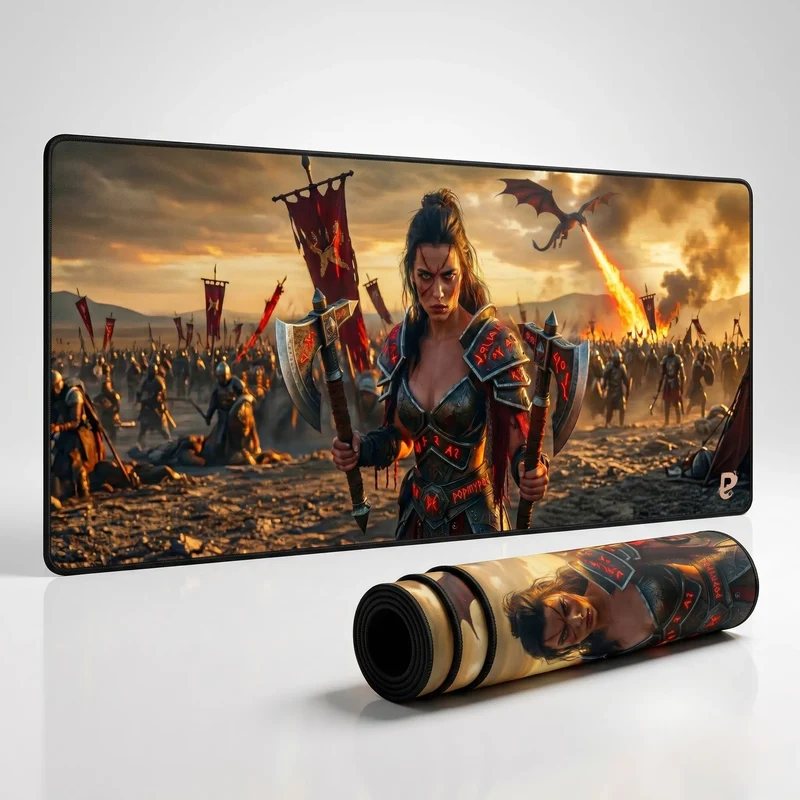Tapis de Souris XXL Guerrière Fantasy | PopMyPad | 900x400mm | 3mm | Antidérapant Haute Précision