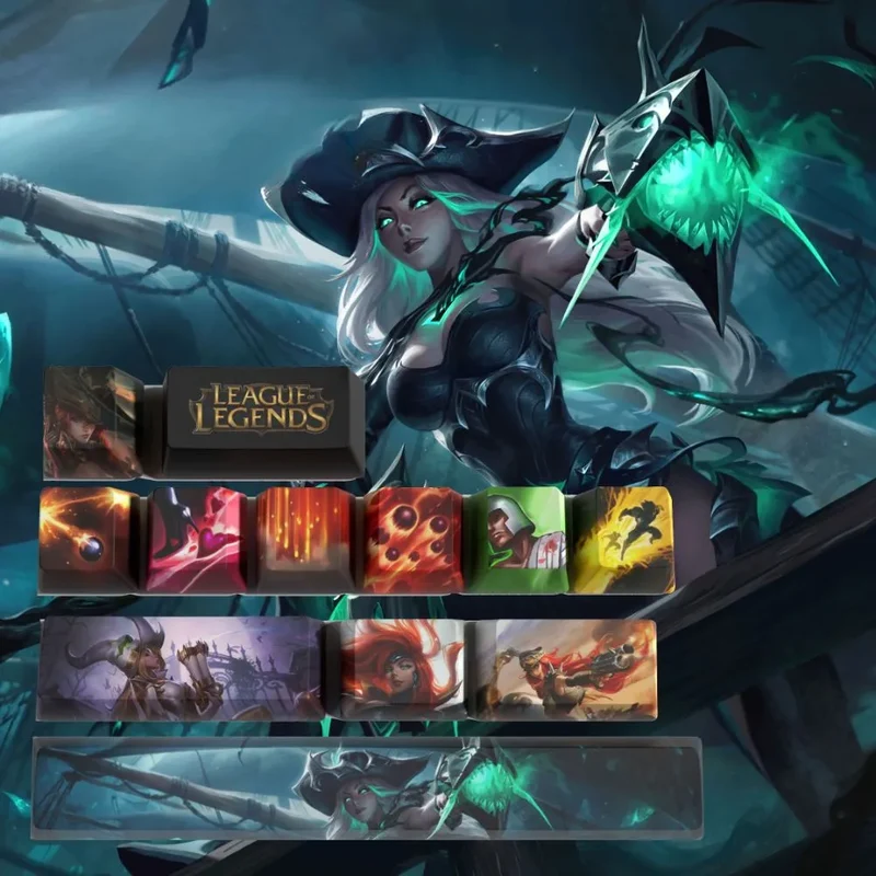 Keycaps Miss Fortune League of Legends – rendu comparé sur clavier noir et blanc