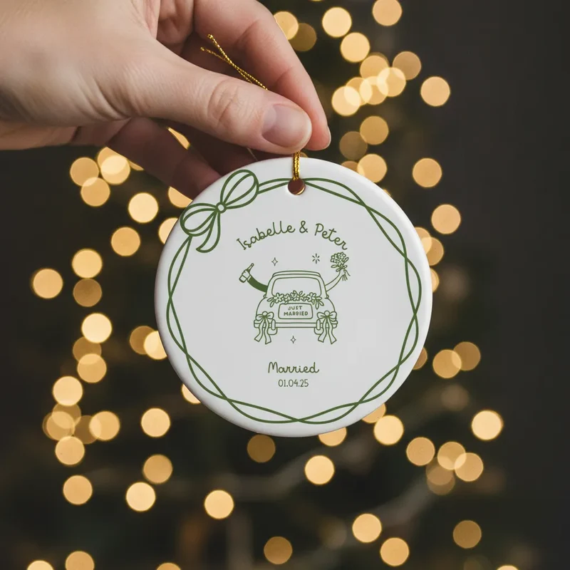 Custom Newlyweds Circle Ceramic Ornament | Shopify Product Personalizer