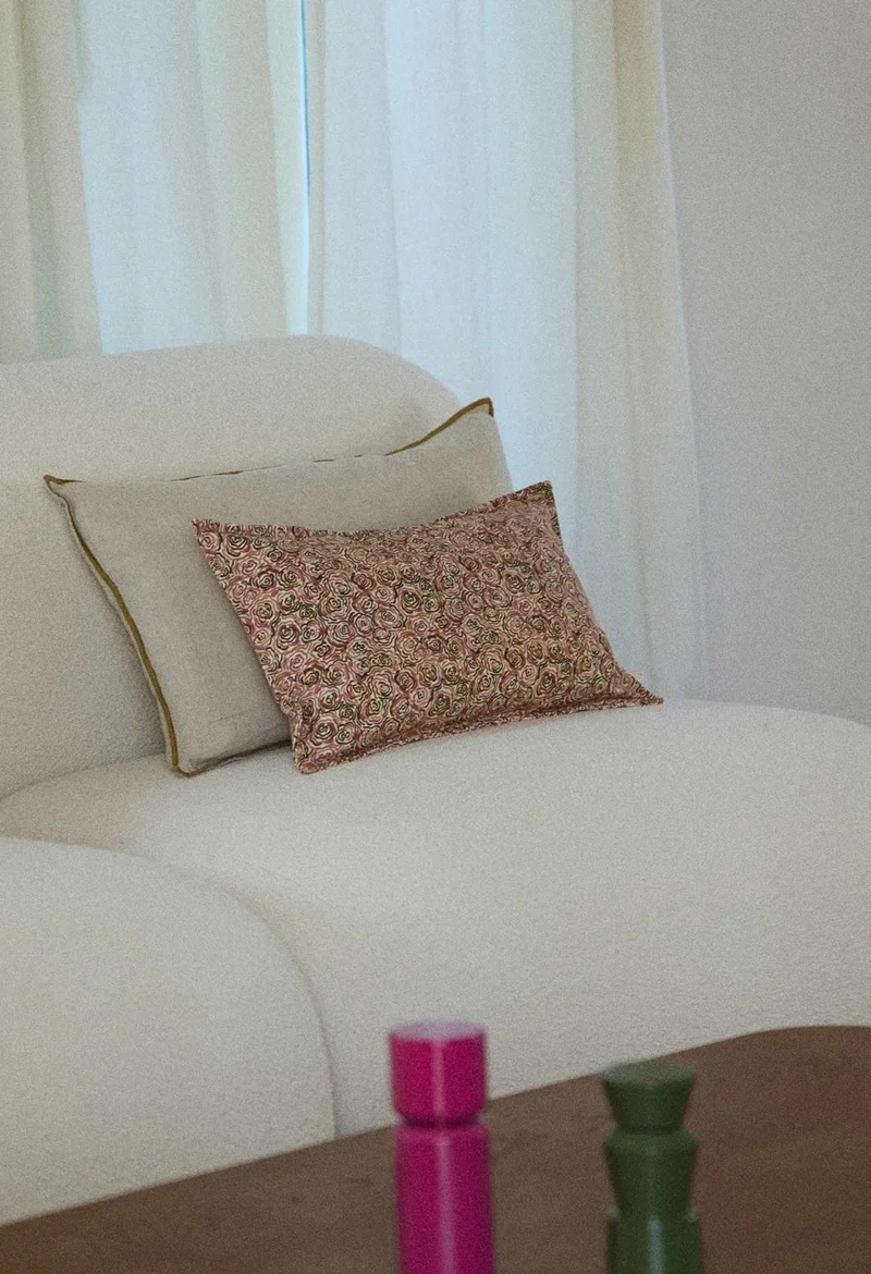 Coussin lin naturel bordure curry