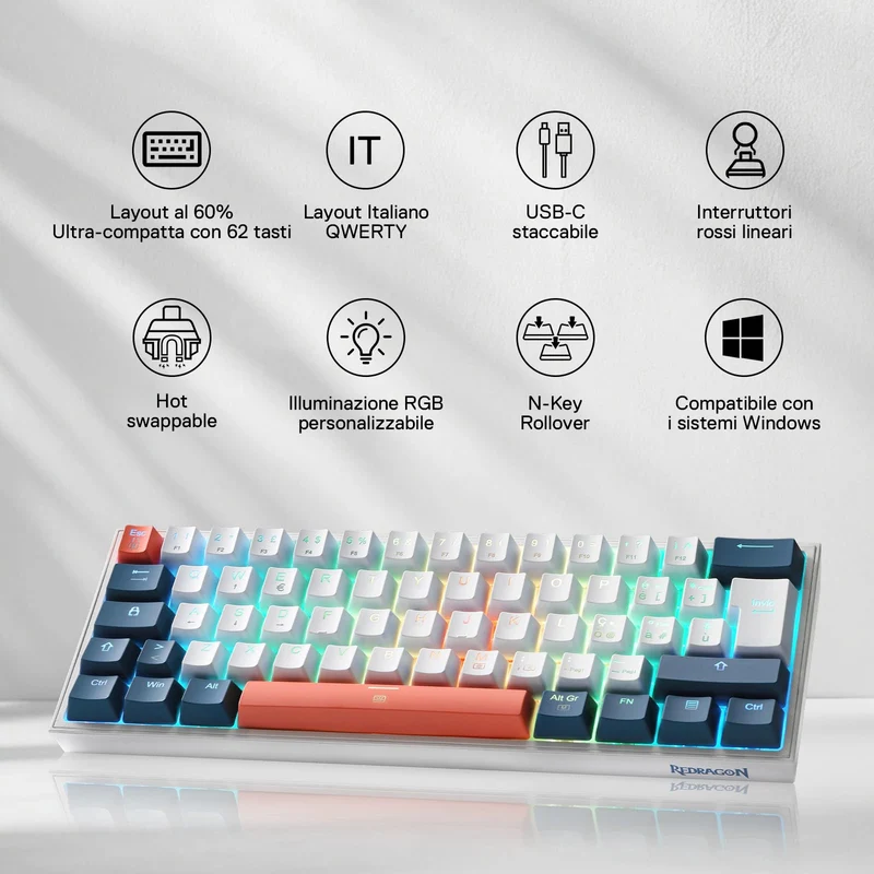 FIZZ K617 60% Tastiera Meccanica Gaming QWERTY – Bianco & Blu