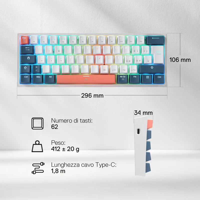 FIZZ K617 60% Tastiera Meccanica Gaming QWERTY – Bianco & Blu