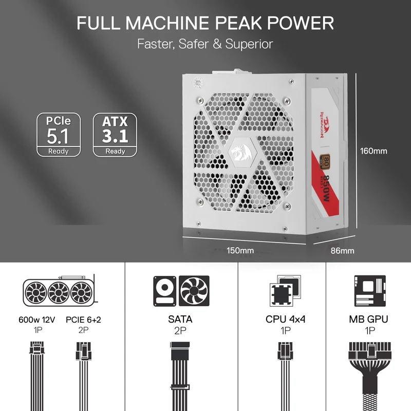 RGMS-850W PRO 80+ ATX 3.1 Gold 850 Watt Power Supply
