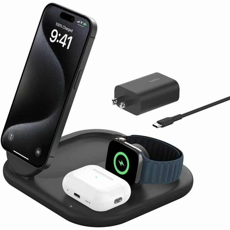 Chargeur sans fil pliable magnétique 3-en-1 Belkin BoostCharge avec Qi2 15 W WIZ029TTBK