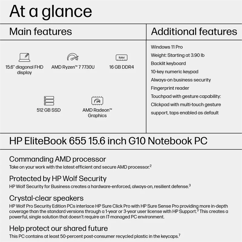 Ordinateur portable HP EliteBook 655 G10 15.6" - Full HD - AMD Ryzen 7 7730U - 16 Go - SSD 512 Go - Aluminium Pike Silver 82J39UT#ABA