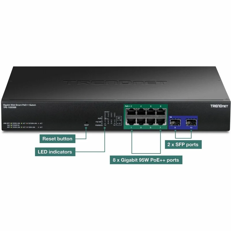Commutateur Web Smart PoE++ Gigabit 10 ports TRENDnet TPE-1020SB