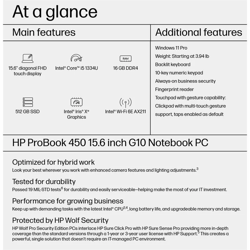 Ordinateur portable HP ProBook 450 G10 15.6" à écran tactile - Full HD - Intel Core i5 13e génération i5-1334U - Technologie vPro - 16 Go - SSD 512 Go - Plastique argent Pike 9C4G7UT#ABA