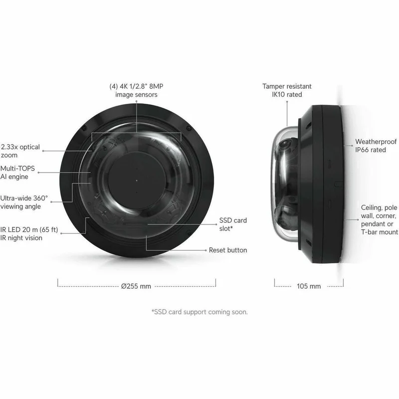 Caméra réseau 4K 8 mégapixels Ubiquiti UniFi Protect UVC-AI-MS-4-B - Couleur - Noir UVC-AI-MS-4-B