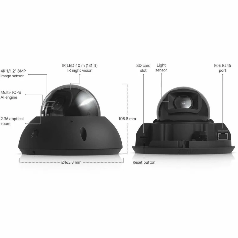 Caméra réseau 4K 8 mégapixels Ubiquiti UniFi G6 Pro - Couleur - Dôme - Noir UVC-G6-PRO-DOME-B