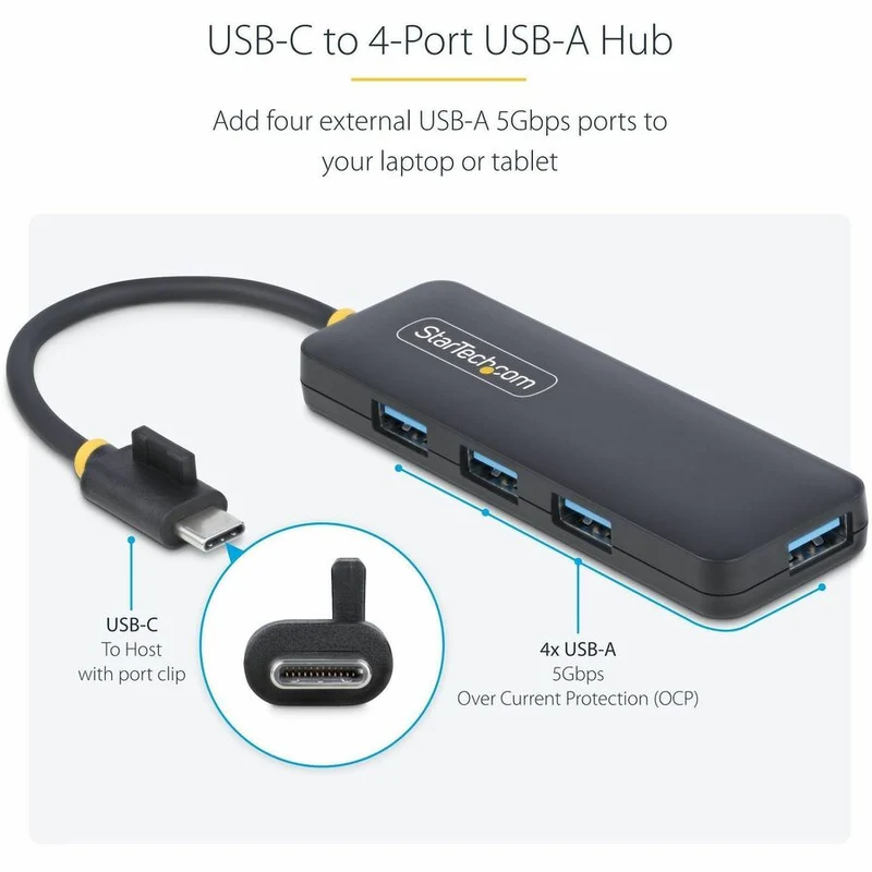 Hub USB-C 4 ports StarTech.com, 5 Gbit/s, USB-C vers 4 ports USB-A, auto-alimenté, mini hub de voyage compact, hub d'extension USB 3.0, portable H5C4A-USB-HUB