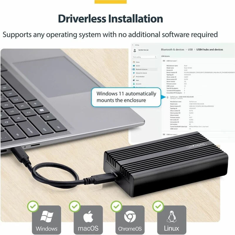 Boîtier SSD NVMe M.2 USB4 StarTech.com, 40 Gbit/s, boîtier SSD NVMe externe USB-C/Thunderbolt, connecteurs B+M/M-Key 1USB4-NVME-ENCLOSURE