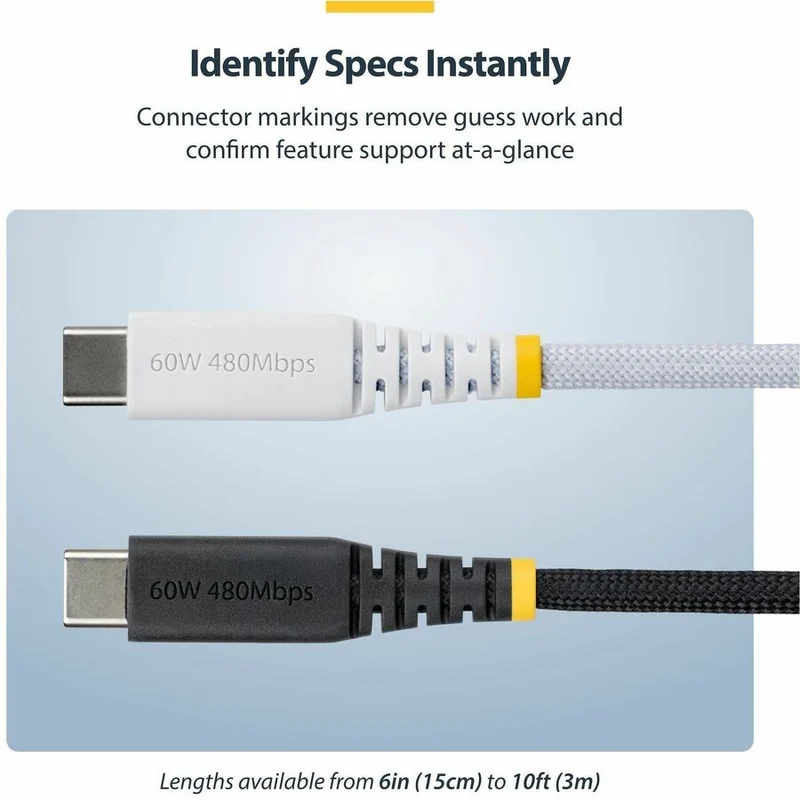 Câble de charge USB-C blanc StarTech.com de 15 cm (6 po), 60 W (3 A) PD, gaine tressée double couche en nylon/TPE, câble de charge robuste USB 2.0 pour ordinateur portable USB2CC6INCHNCBRWH