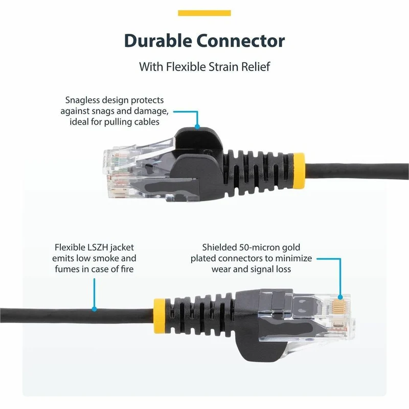 Câble Ethernet StarTech CAT6 fin jaune de 90 cm (3 pi), connecteur RJ45 fin et anti-accrochage, UTP, LSZH, cuivre nu 28 AWG, cordon de brassage réseau fin N6PAT3YLS