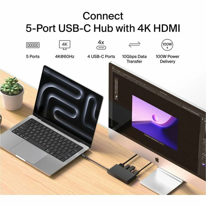 Hub USB-C Belkin 5 ports - 4 ports USB-C, 1 port HDMI 4K - 10 Gbit/s - 100 W - Station d'accueil - Noir AVC021FQBK