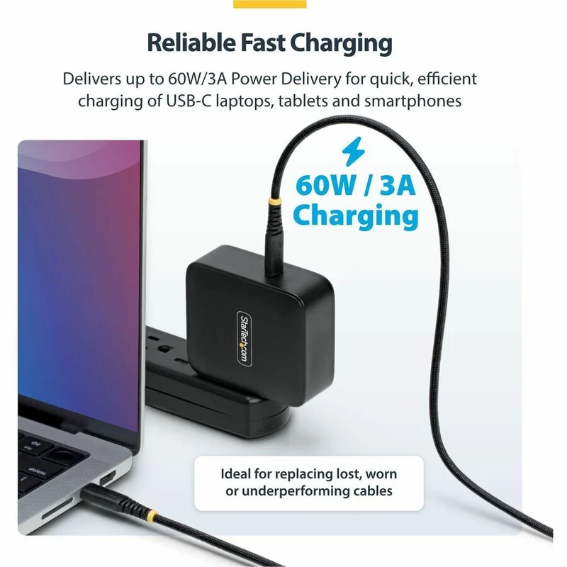 Câble de charge USB-C StarTech.com de 1.8 m (6 pi), 60 W (3 A) PD, gaine tressée double couche en nylon/TPE, câble de charge robuste USB 2.0 pour ordinateur portable USB2CC6FNCBR