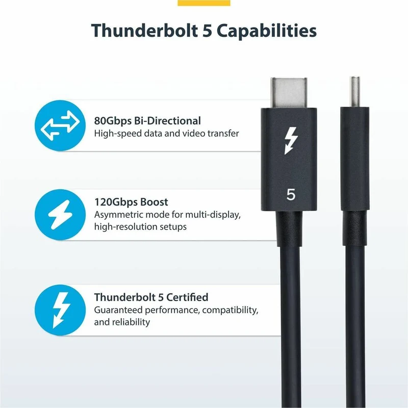 Câble Thunderbolt 5 StarTech.com de 50 cm (1.5 pi), 80 Gbit/s/120 Gbit/s, 240 W PD, 8K 60 Hz, certifié Thunderbolt, compatible avec TB4/USB-C TBLT5MM50CM240W