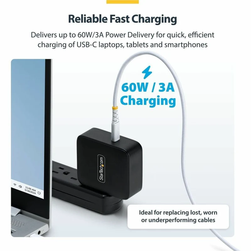Câble de charge USB-C blanc StarTech.com de 30 cm (1 pi), 60 W (3 A) PD, gaine tressée double couche en nylon/TPE, câble de charge robuste USB 2.0 pour ordinateur portable USB2CC1FTNCBRWH