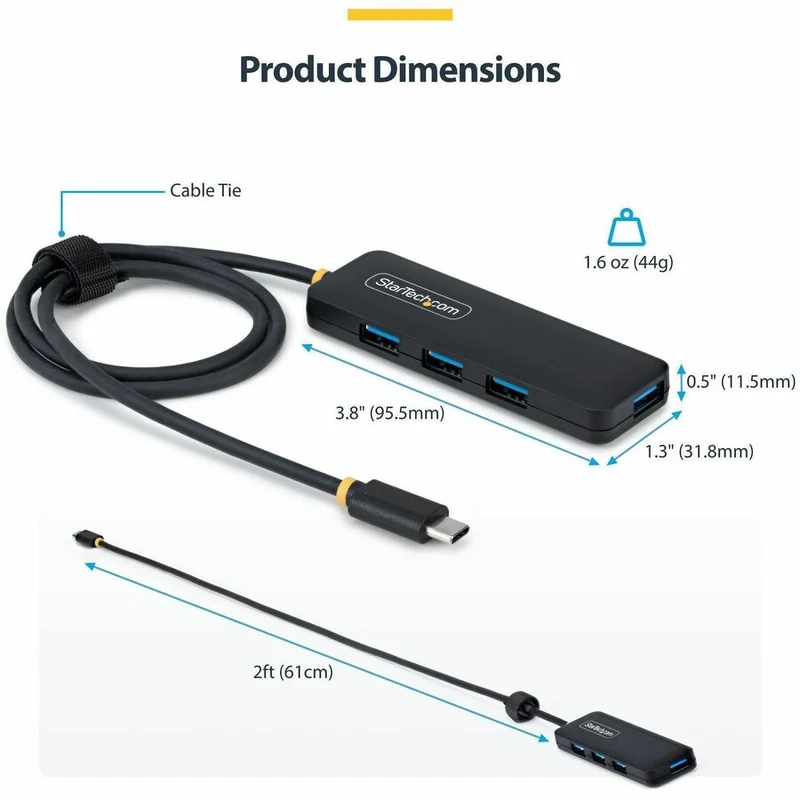 Hub USB-C 4 ports StarTech.com, 5 Gbit/s, auto-alimenté, convertisseur USB-C vers 4 mini-hubs USB-A, câble hôte extra long de 61 cm (2 pi), boîtier en plastique PCR à 70 % H5C4A-USB-HUB-2