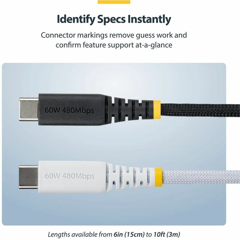 Câble de charge USB-C StarTech.com de 91 cm (3 pi), 60 W (3 A) PD, gaine tressée double couche en nylon/TPE, câble de charge robuste USB 2.0 pour ordinateur portable USB2CC3FNCBR