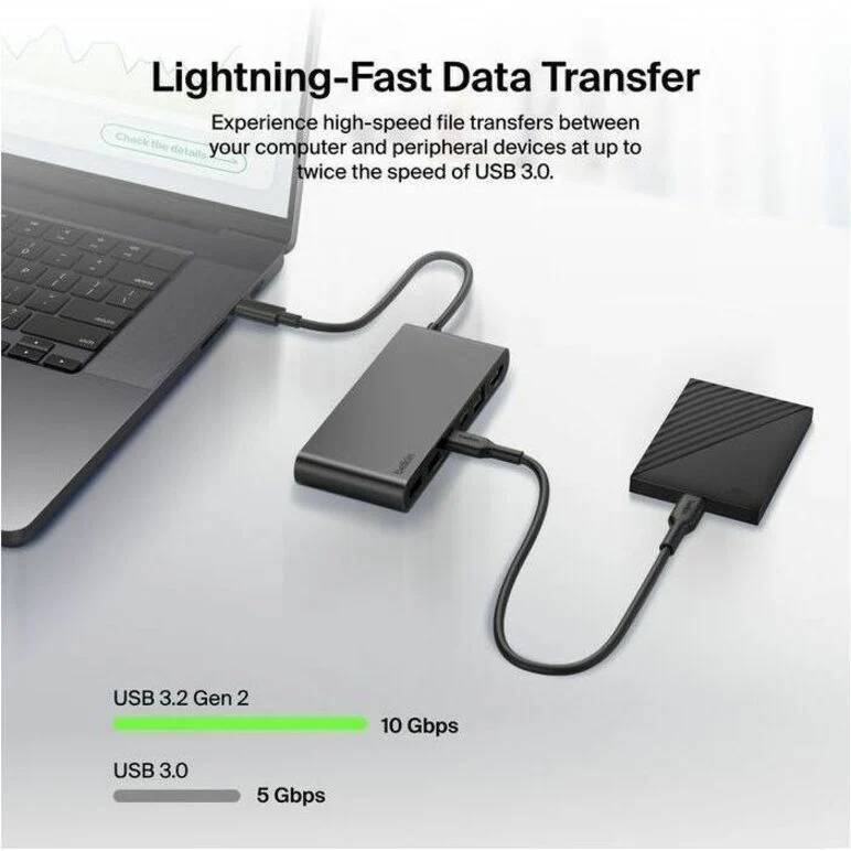 Hub USB-C Belkin 8 ports - 2 ports USB-A, 2 ports USB-C, 1 port HDMI, 1 port Ethernet, 1 lecteur de carte SD, 1 lecteur de carte microSD - Gris INC024fqSGY