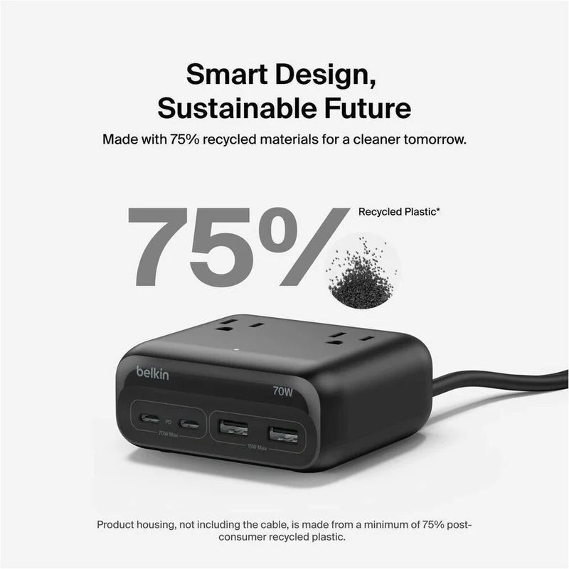Station de charge Belkin à 3 prises avec 2 ports USB-A et 2 ports USB-C, 70 W, câble de 1.5 m, fiche droite, noire SRZ001TT5