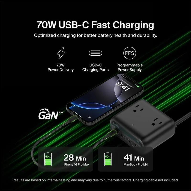 Station de charge Belkin à 3 prises avec 2 ports USB-A et 2 ports USB-C, 70 W, câble de 1.5 m, fiche droite, noire SRZ001TT5