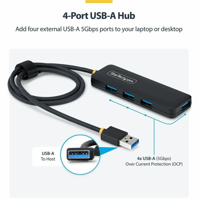 Hub USB-A 4 ports StarTech.com, 5 Gbit/s, auto-alimenté, convertisseur USB-A vers 4 mini-hubs USB-A, câble hôte extra long de 61 cm (2 pi), boîtier en plastique PCR à 70 % H5A4A-USB-HUB-2