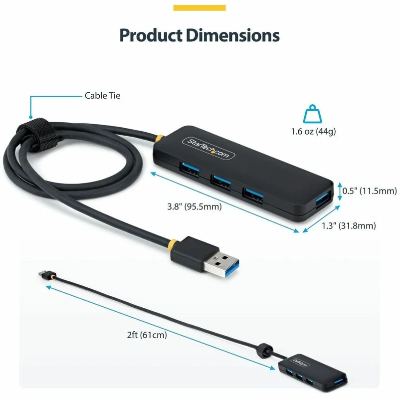 Hub USB-A 4 ports StarTech.com, 5 Gbit/s, auto-alimenté, convertisseur USB-A vers 4 mini-hubs USB-A, câble hôte extra long de 61 cm (2 pi), boîtier en plastique PCR à 70 % H5A4A-USB-HUB-2