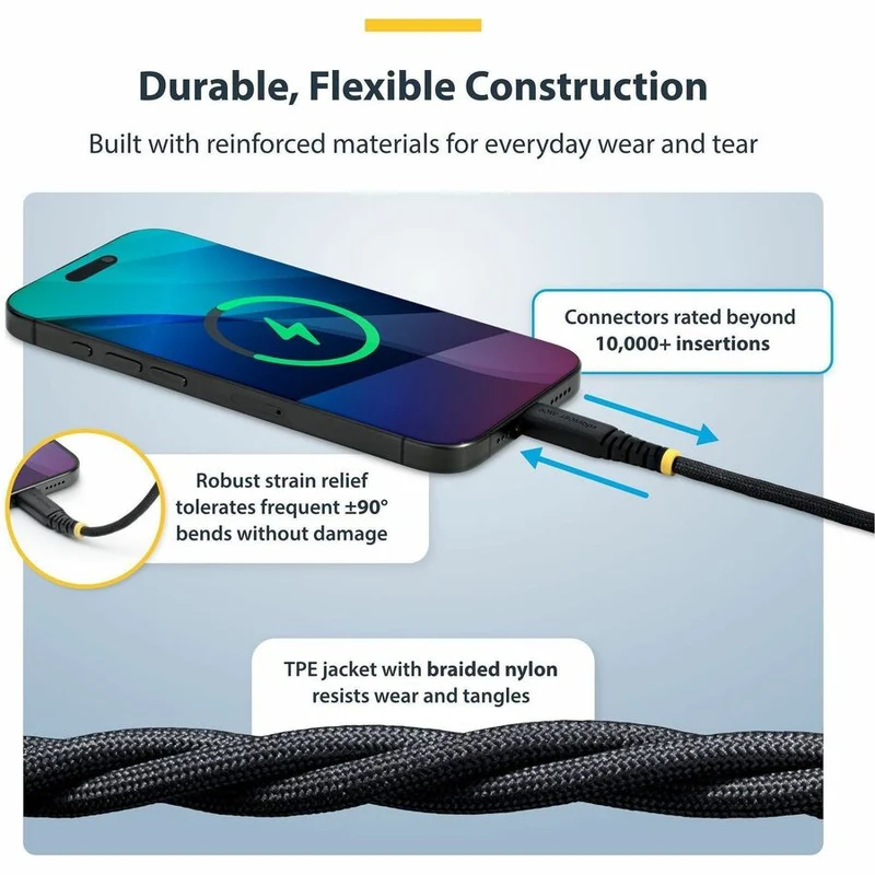 Câble de charge USB-C StarTech.com de 3 m (10 pi), 60 W (3 A) PD, gaine tressée double couche en nylon/TPE, câble de charge robuste USB 2.0 pour ordinateur portable USB2CC10FNCBR
