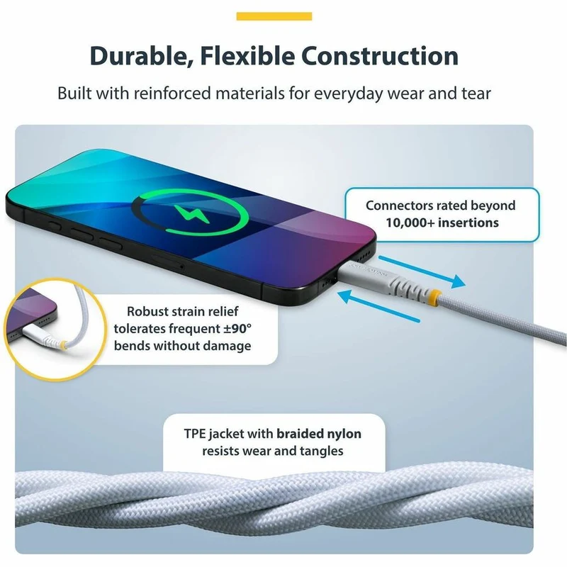 Câble de charge USB-C blanc StarTech.com de 91 cm (3 pi), 60 W (3 A) PD, gaine tressée double couche en nylon/TPE, câble de charge robuste USB 2.0 pour ordinateur portable USB2CC3FNCBRWH