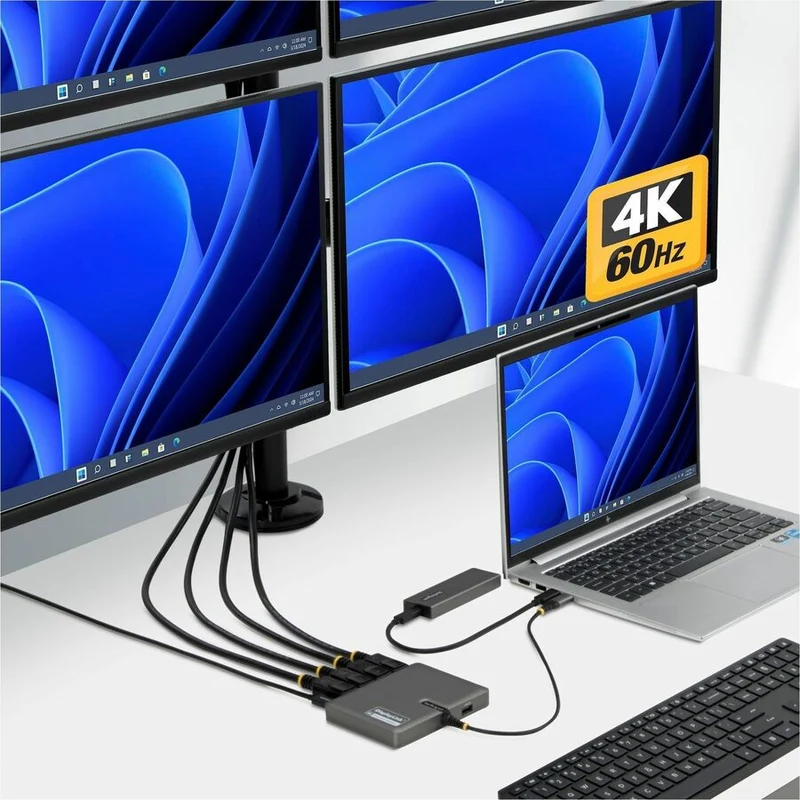 Adaptateur StarTech.com USB-C vers station de travail à quatre écrans, DisplayPort 4K 60 Hz, alimentation PD 140 W pour la charge d'ordinateurs portables, 1 port USB 2.0, TAA QUAD-USB-DP-ADAPT