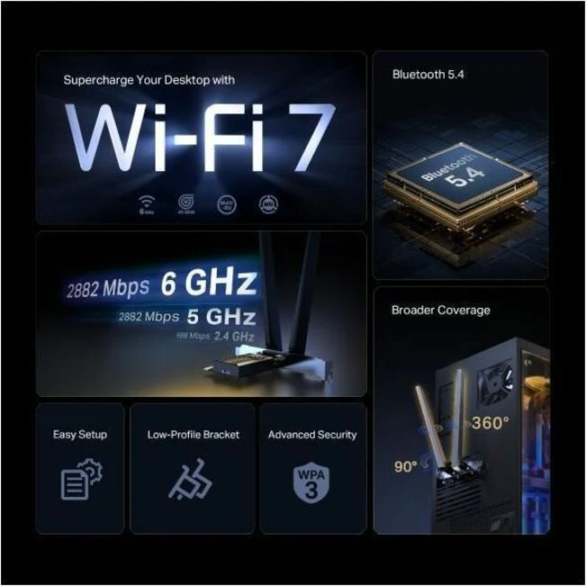 Adaptateur combiné Wi-Fi/Bluetooth tri-bande TP-Link Archer TBE400E (IEEE 802.11a/b/g/n/ac/ax/be) pour ordinateur ARCHER TBE400E