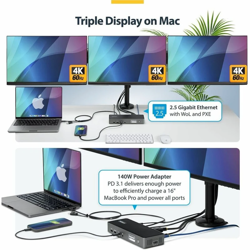 Station d'accueil USB-C triple écran StarTech.com, station de charge pour ordinateurs portables 140 W (compatible MacBook Pro et Windows), 4K 60 Hz, TAA DK30C2DPEPRN