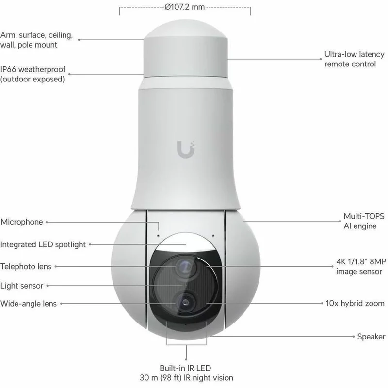 Caméra réseau extérieure 4K Ubiquiti UVC-G6-PTZ 8 mégapixels - Couleur - Blanc UVC-G6-PTZ-W
