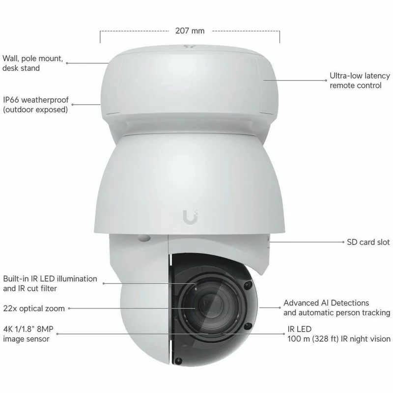 Caméra réseau extérieure 4K Ubiquiti UVC-AI-PTZ 8 mégapixels - Couleur - Blanc UVC-AI-PTZ-W