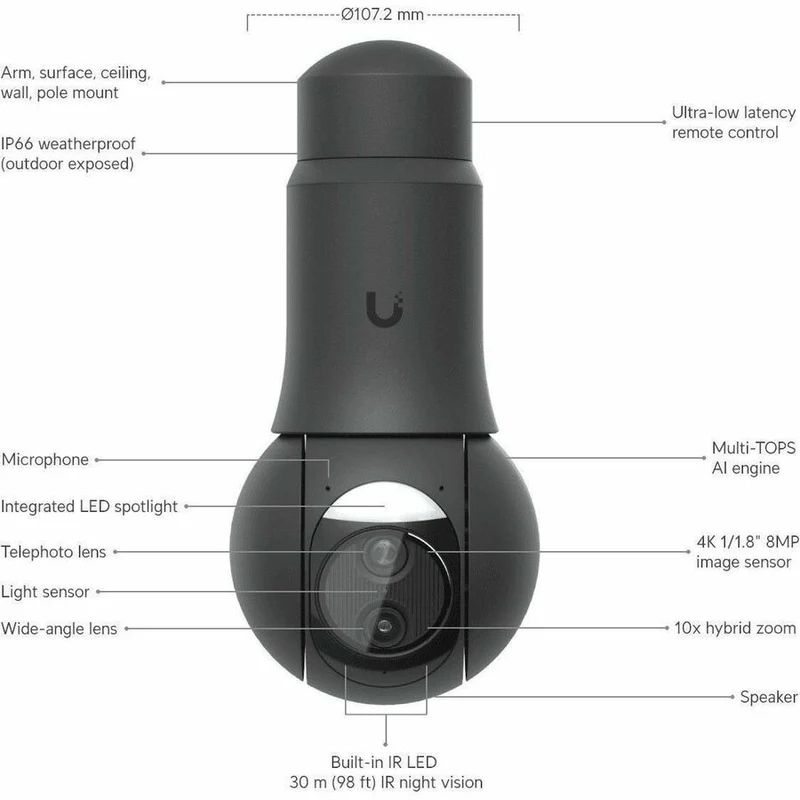 Caméra réseau extérieure 4K Ubiquiti UVC-G6-PTZ 8 mégapixels - Couleur - Noir UVC-G6-PTZ-B