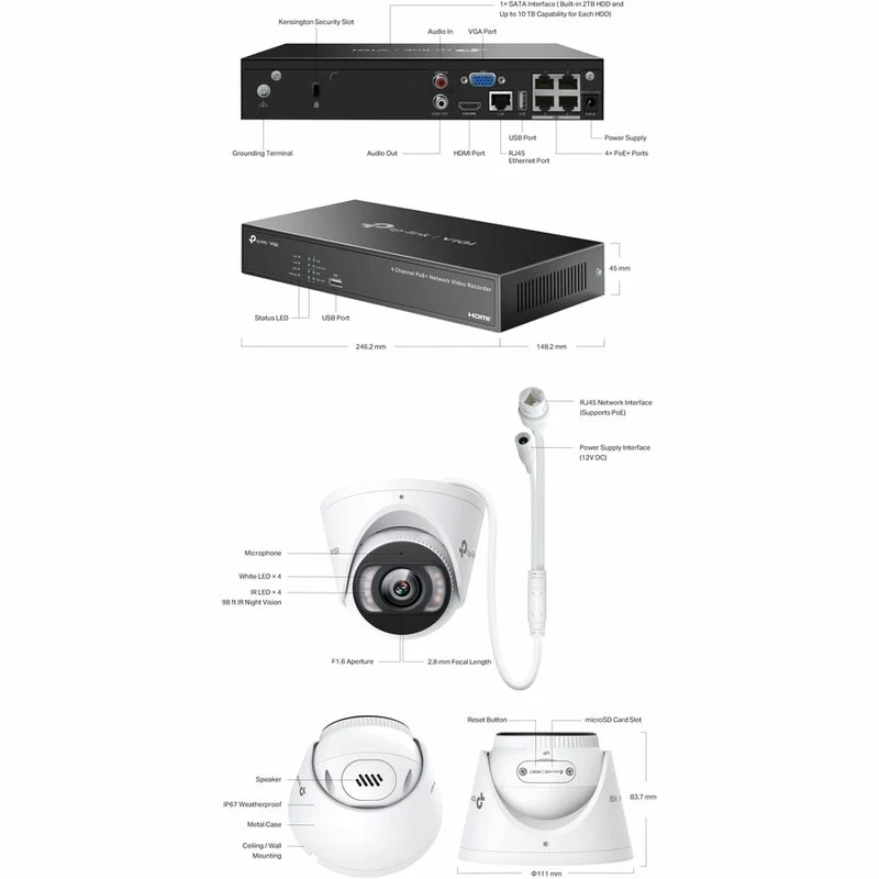 Kit IPC tourelle couleur TP-Link VIGI 4MP et NVR 4 canaux PoE+ - Disque dur 2 To VIGI NK4P-T4425-2T