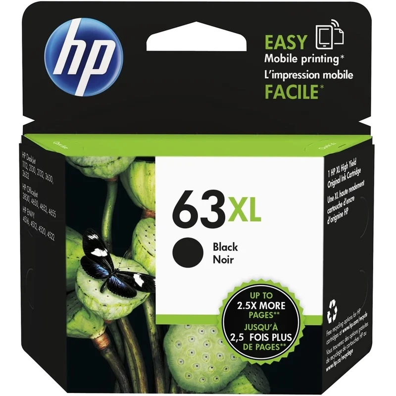 Cartouche d'encre à jet d'encre HP 63XL à haut rendement d'origine - Noir - Lot de 2 F6U64AN#140-2PK