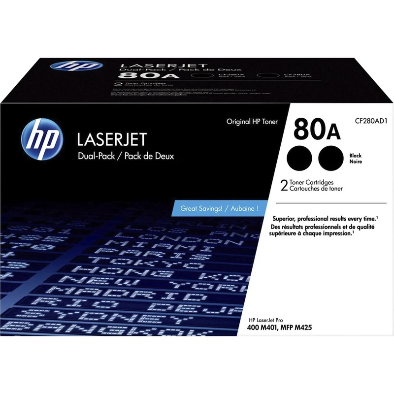 Cartouche de toner laser d'origine HP 80A (CF280AD1) - Noir - 2 / Carton CF280AD1