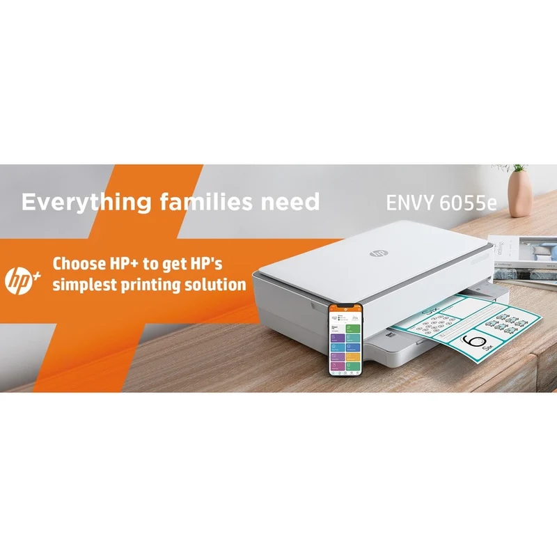 Imprimante multifonction jet d'encre sans fil HP Envy 6055e - Couleur - Copieur/Scanner - Impression 4800 x 1200 - Impression recto verso automatique - 1000 pages par mois - 100 feuilles d'entrée - Scanner couleur - 1200 Numérisation optique - LAN sans fil - Application HP Smart - Apple AirPrint - Mopria 223N1A#B1H