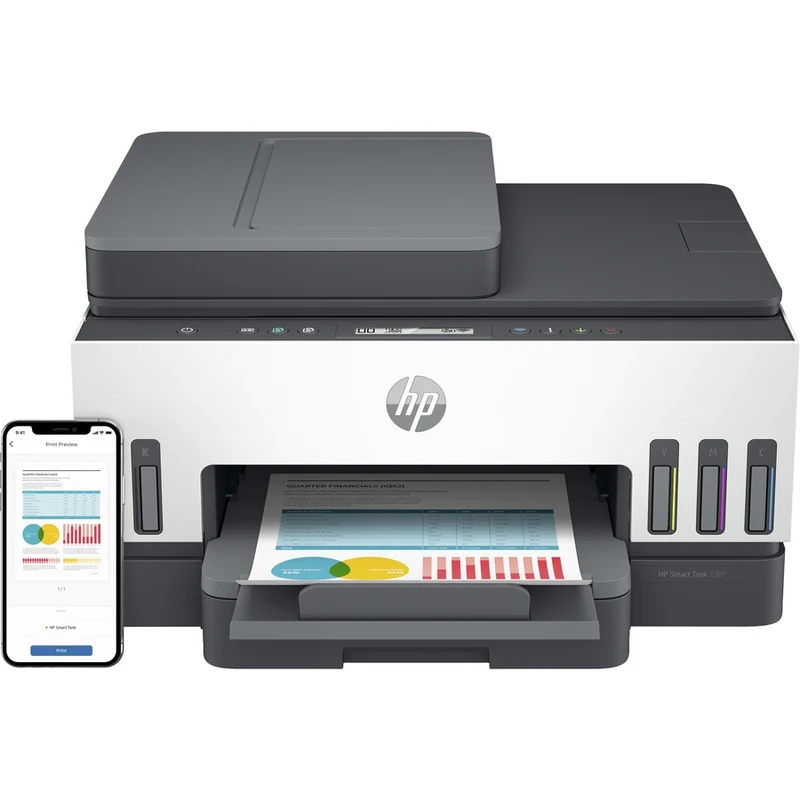 Imprimante tout-en-un HP Smart Tank 7301 - Imprimante multifonction - Jet d'encre couleur - Rechargeable - Copieur/Scanner - 4800 x 1200 ppp - Impression recto verso automatique - 5000 pages - 250 feuilles - Entrée - Scanner à plat couleur - 1200 ppp - Numérisation optique - LAN sans fil 28B70A#B1H